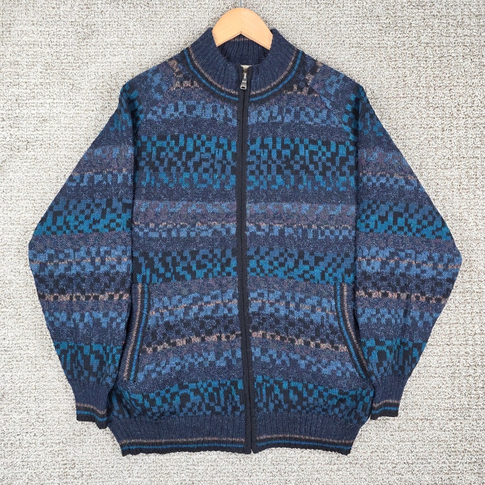 Intiwara Mens Medium Blue Alpaca Wool Full Zip Fair Isle Sweater Jacket Bolivia